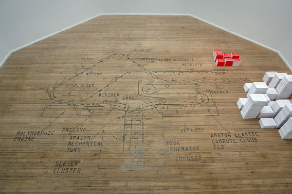 UBERMORGEN, "The Project Formerly Known As Kindle Forkbomb", 2011-2013, Mixed Media: Floor Diagram, Paper Sculpture, Books, Bildcredit: Kunsthall Aarhus, 2013