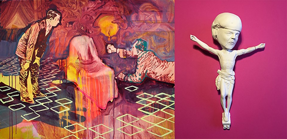 Links: Tina Bechert, Scheinwelt, 2016. Rechts: Nils Kasiske, Untitled (Merkel) 1, Courtesy Galerie Gerken.