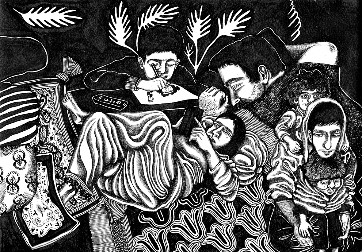 Moshtari Hilal: Detail  aus "22360 degree family", bedruckte Seide, Âme Nue 