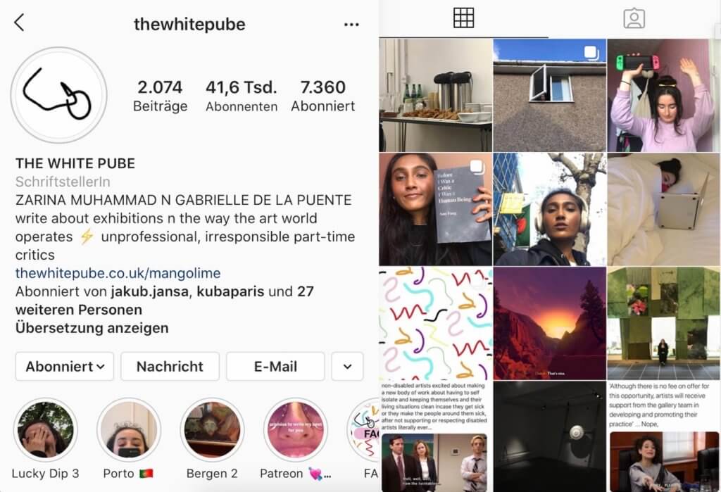 Screenshot vom Instagram-Account der Kunst-Website "The White Pube". Zu sehen sind die Instagram-Bio sowie 12 Bilder aus dem Feed.
