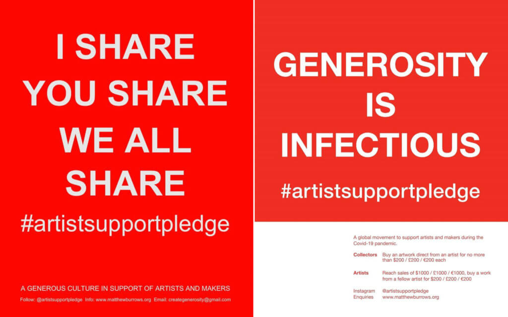 Screeshots des Instagram-Accounts vom Artist Support Pledge. Links steht "I share you share we all share", rechts "generosity is infectious".
