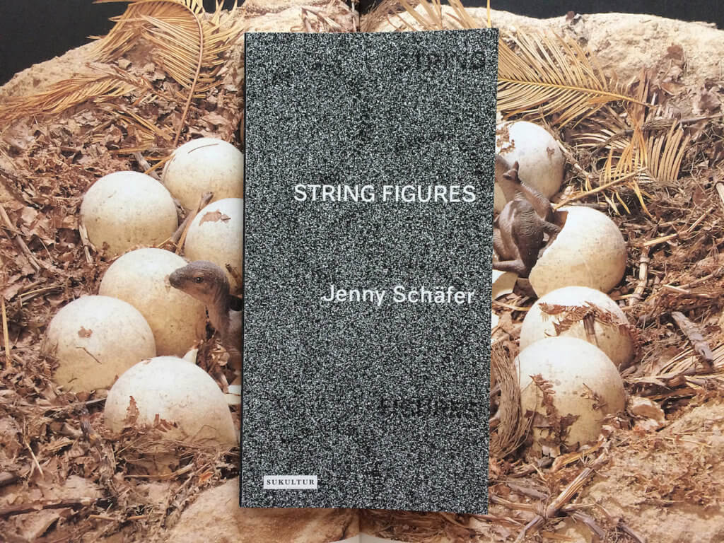 Das Buch "String Figures" von Jenny Schäfer vor dem Hintergrund eines Nests voller Eier und Dinos.