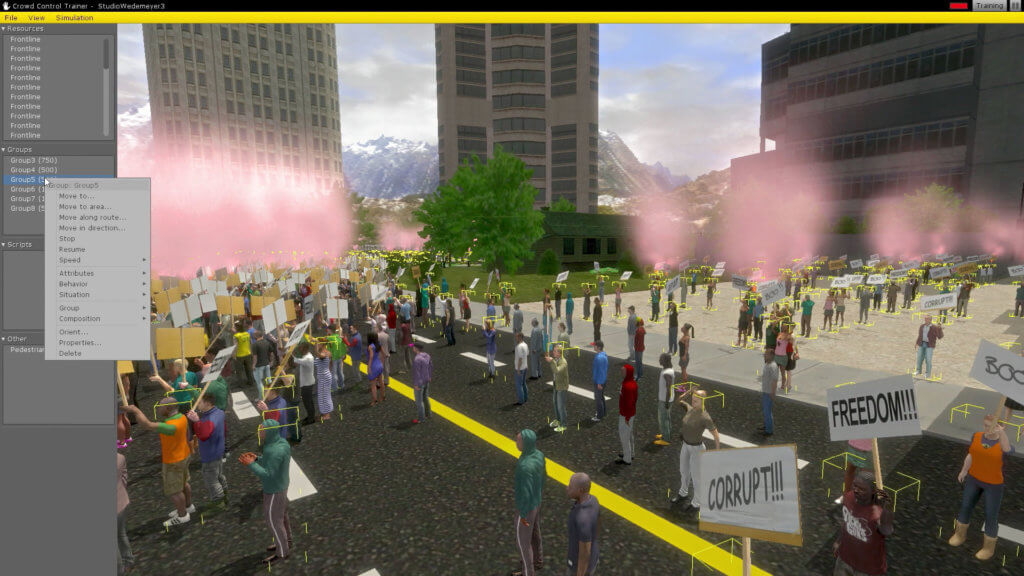 Videoarbeit Clemens von Wedemeyer. Zu sehen sind virtuelle Demonstrierende vor der Kulisse von Hochhäusern und Bergen.