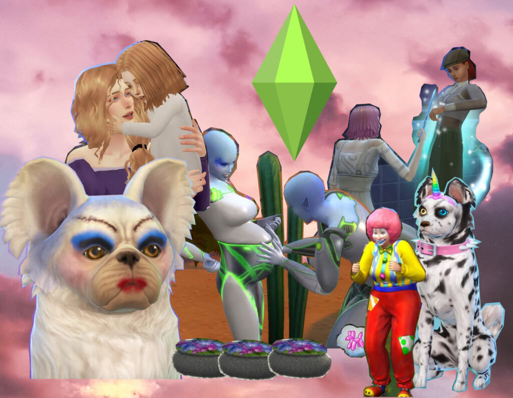 Collage verschiedener bunter Sims-Figuren, darunter ein geschminkter Hunt, ein Clown und ein schwangerer Alien.
