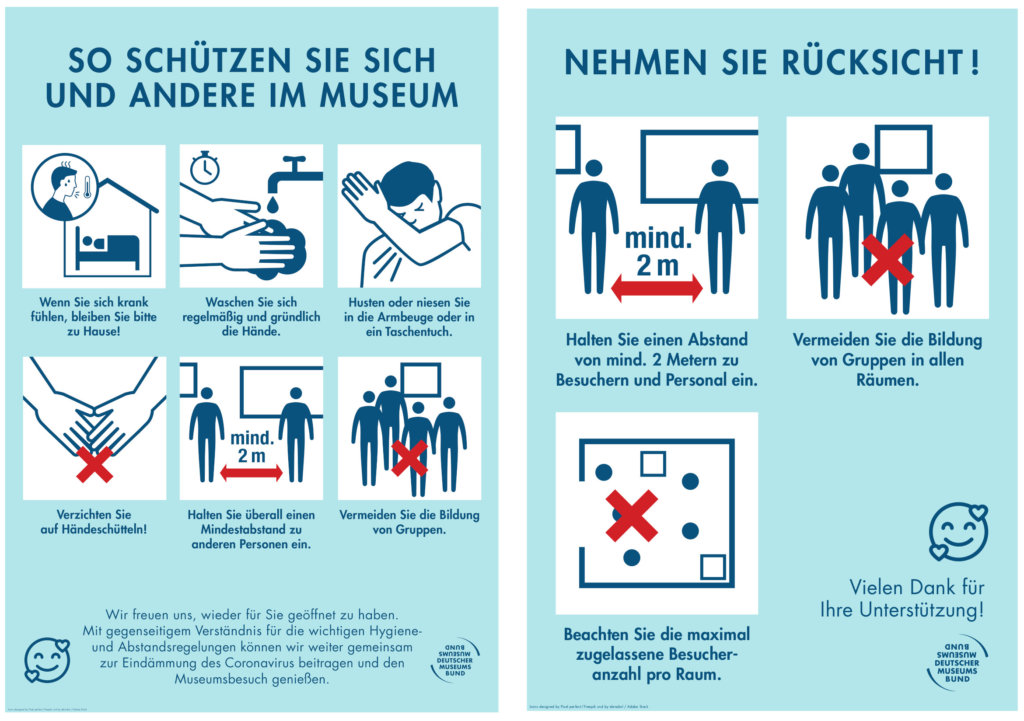 Hygieneregeln und Abstandsregeln des Deutschen Museumsbunds mit Grafiken illustriert