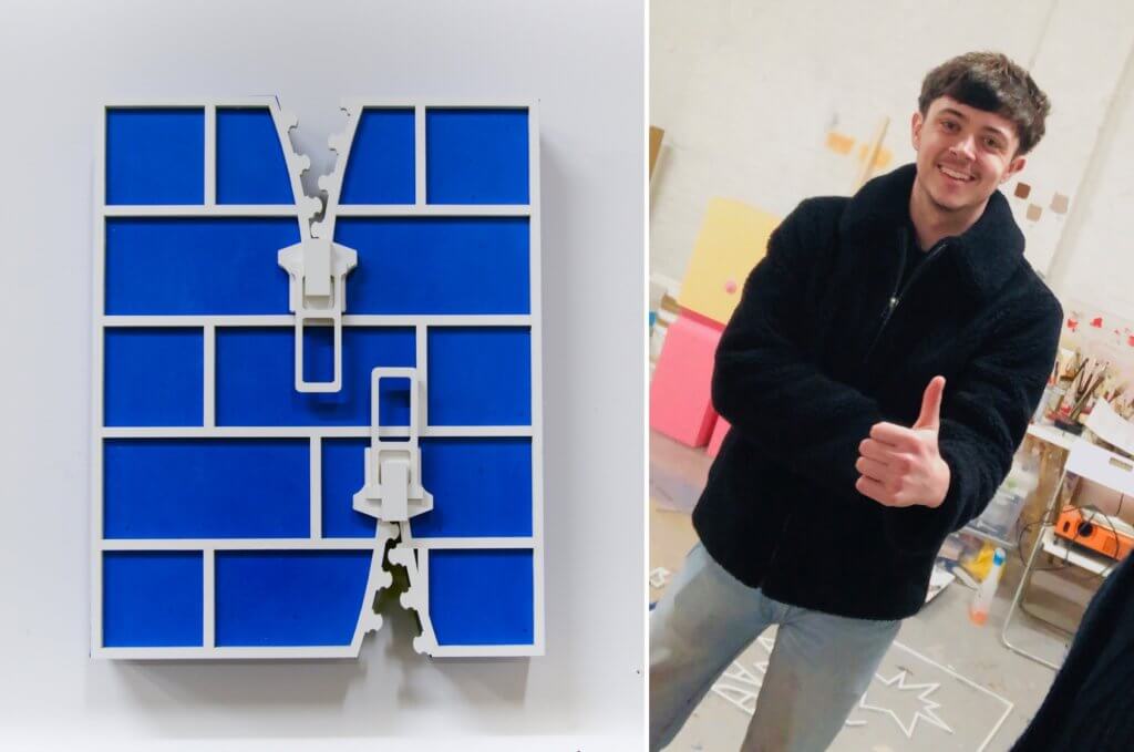 Links zu sehen: Das Kunstwerk "A Near Miss" von Liam Fallon, ein stilisiertes Stück blaue Backsteinmauer mit Reißverschlüssen. Rechts: ein Foto von Liam Fallon im Studio.