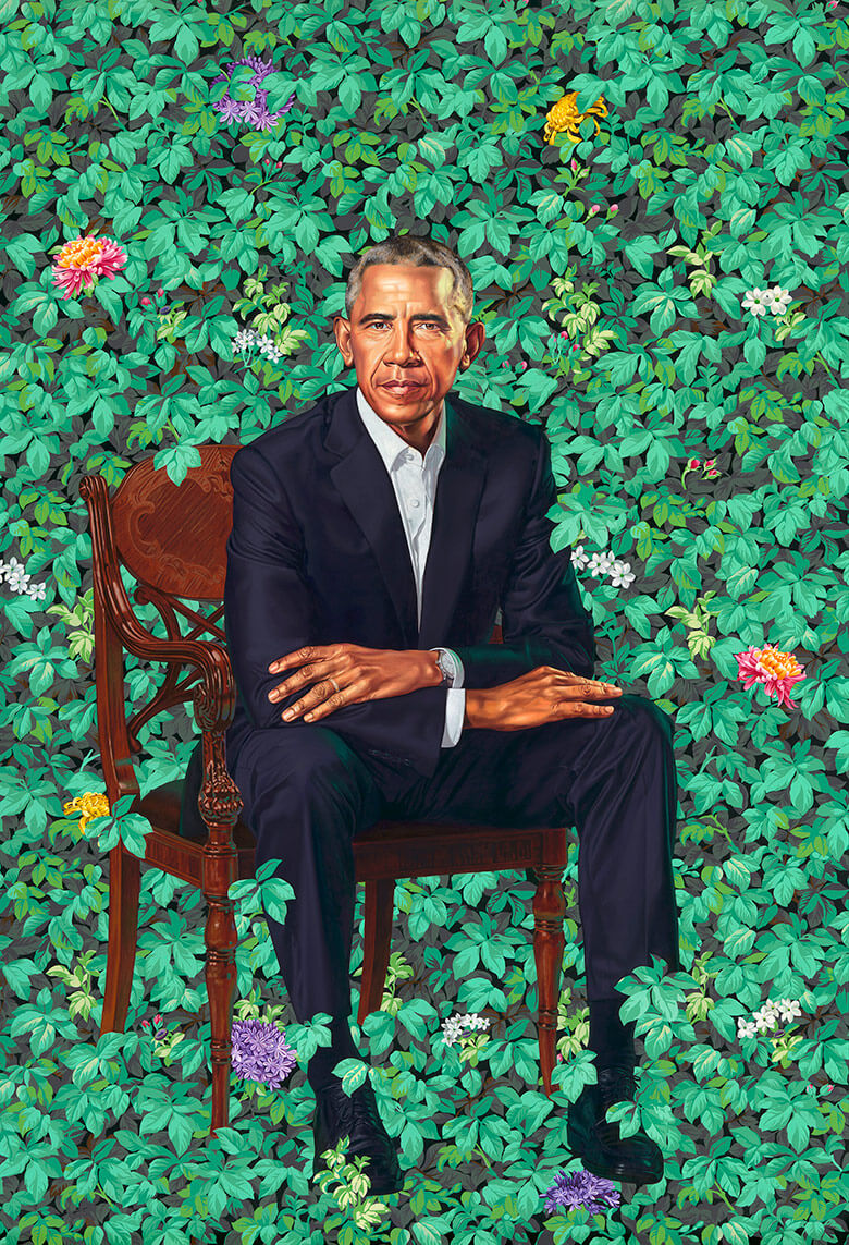 Das Präsidentenportrait von Kehinde Wiley zeigt barack Obama auf einem Stuhl vor Pflanzen