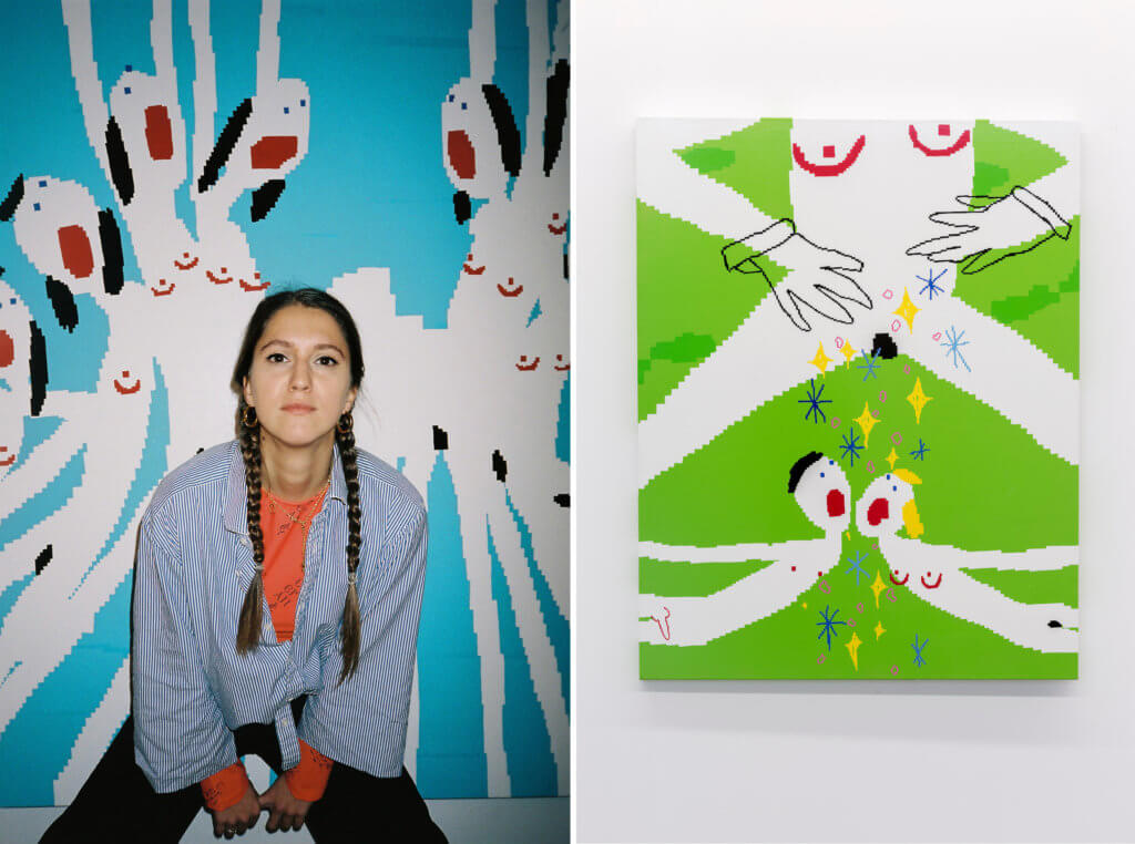 Links: Die Künstlerin Maja Djordjevic vor einer Malerei. Rechts: eine Malerei von Maja Djordjevic. Auf grünem Hintergrund zu sehen sind drei ihrer nackten Pixel-Figuren. 