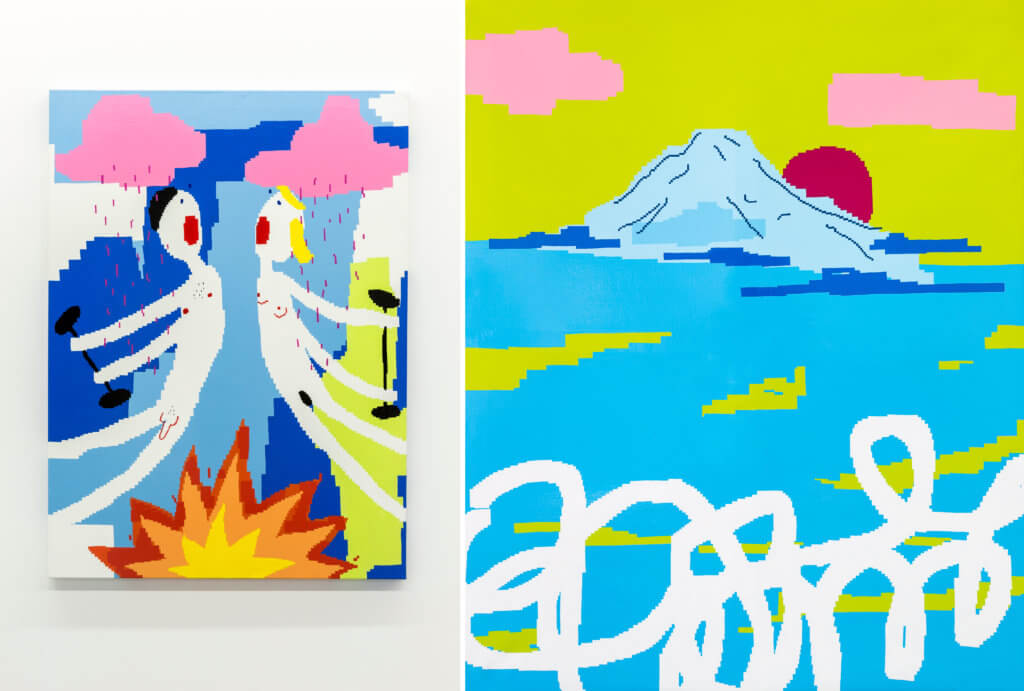Zwei Arbeiten der Künstlerin Maja Djordjevic. Links zwei nackte Figuren mit Hanteln in der Hand, rechts ein Berg im Meer.