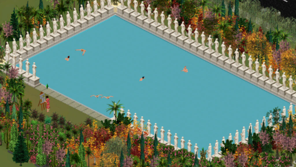 Ein Swimming-Pool voller Sims, daneben eine Frau, die an einer Staffelei malt.