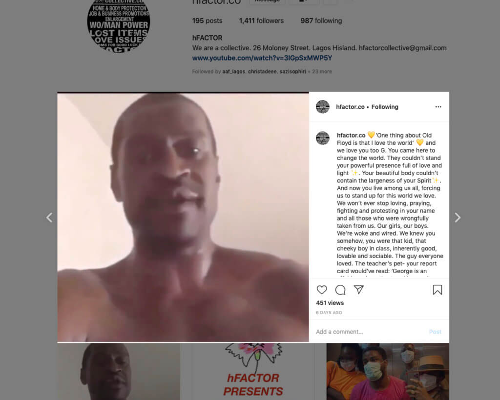 Ein Screenshot vom Instagram-Profil des hFACTOR Kollektivs aus Lagos zeigt George Floyd.