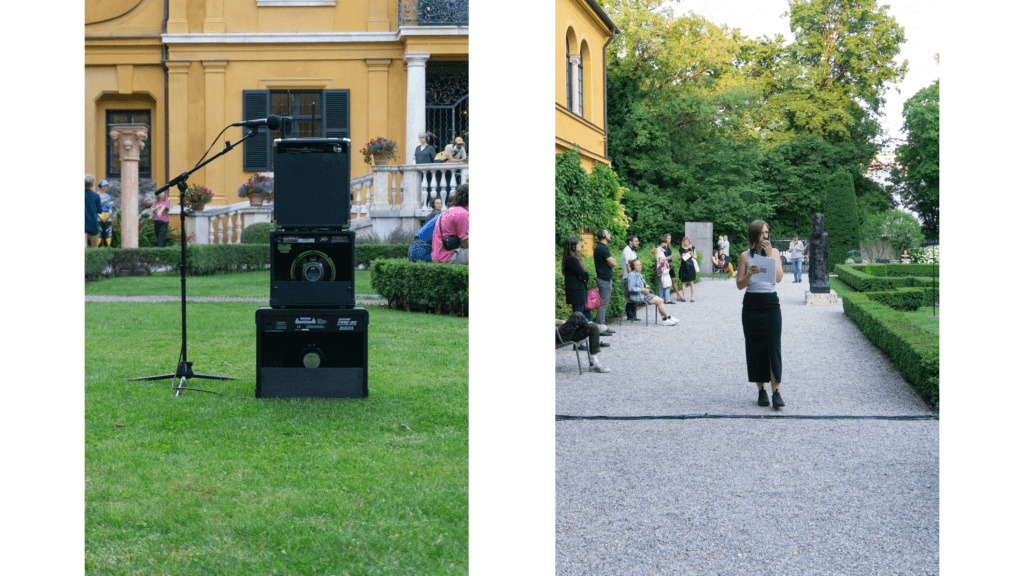 Links die Installation von Kalas Liebfried, rechts sieht man eine Performerin, die in ein Mikrofon spricht.