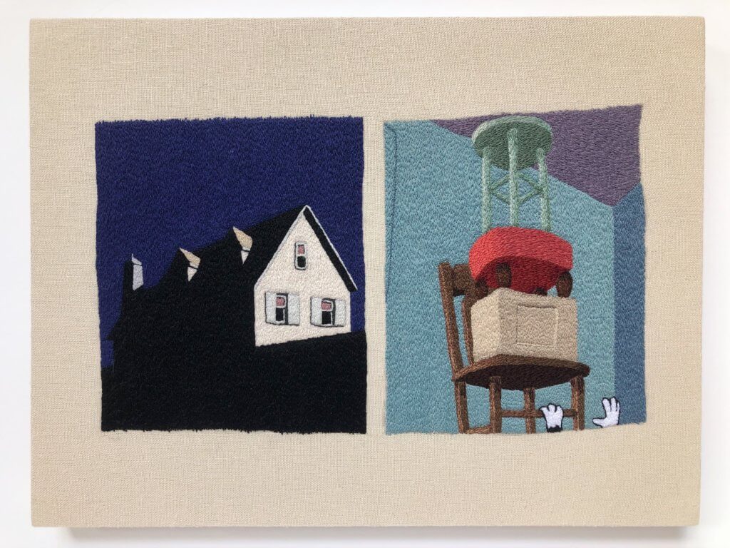 Stickerei von Peter Frederiksen. Links: ein Haus bei Nacht. Rechts: verschiedene Gegenstände auf einem braunen Holzstuhl gestapelt.