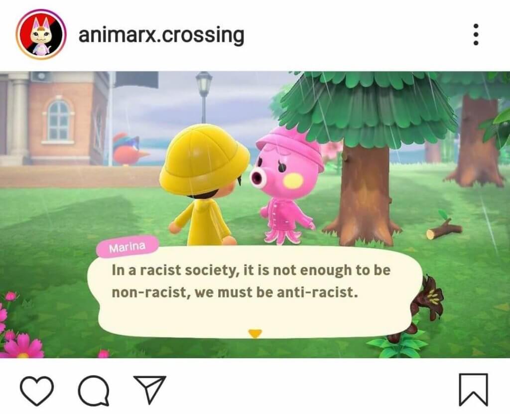 Bild des Accounts animarx.crossing. Zwei Figuren aus dem Spiel Animal Crossing unterhalten sich über Anti-Rassismus.