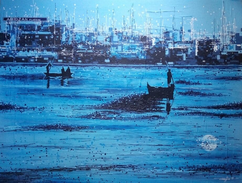 Hafenszene in Blau mit kleinen anskizzierten Booten im Vordergrund
