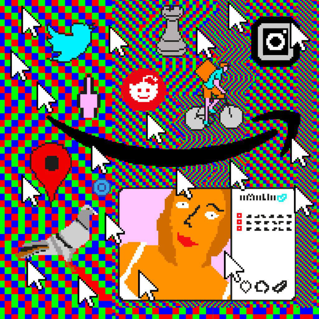 Das Bild zeigt eine digitale Grafik, in welcher unter anderem ein Vogel, ein Gesicht und mehrere Computer-Pfeile zu sehen sind. Die Grafik ist sehr bunt und besitzt eine Pixel-Ästhetik.