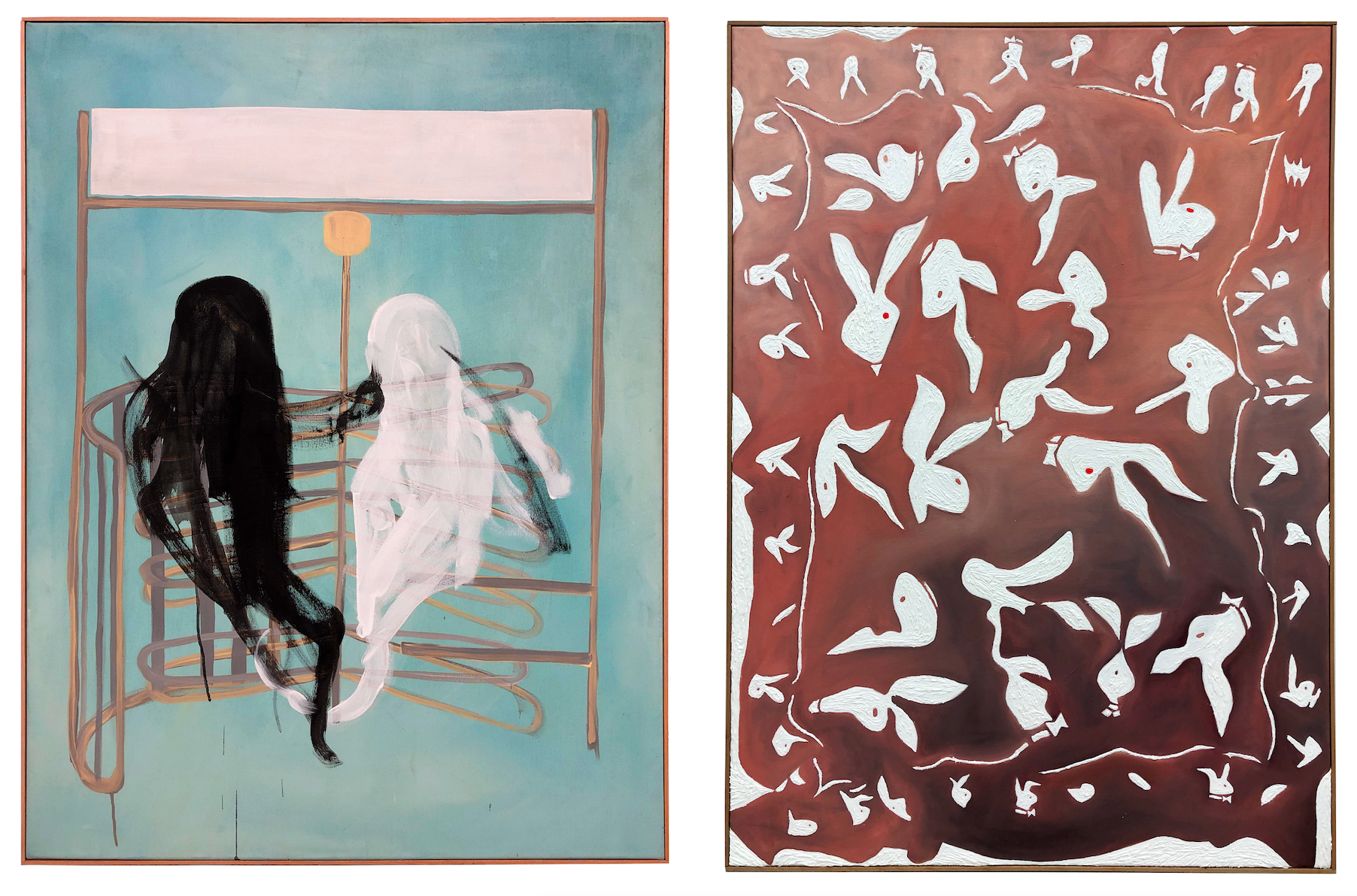 Zwei Malereien. Links: Anna Ley & Valerie von Könemann, zu sehen sind zwei Geister. Rechts: Lena Schramm, zu sehen sind Hasen mit roten Augen.