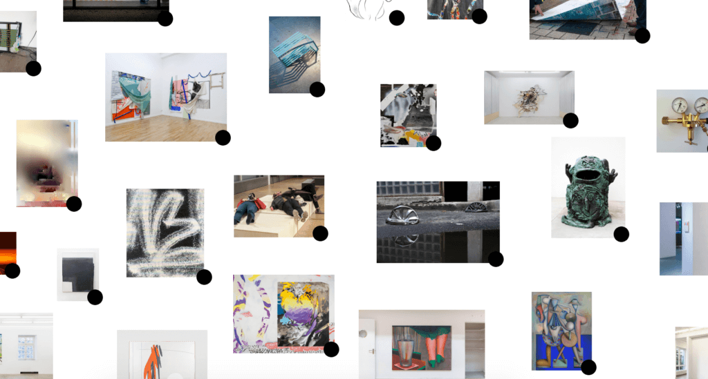 Screenshot der Website von Raum www. Zu sehen sind verschiedene Kunstwerke auf weißem Grund. Jedes einzelne ist mit einem schwarzen Punkt versehen. Klickt man den an, erhält man Informationen.