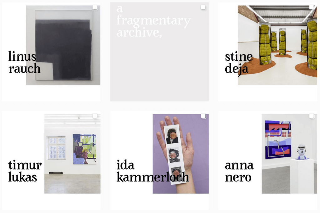 Screenshot der Instagram-Seite von Raum www. Zu sehen sind verschiedene Kacheln, jede zeigt ein Kunstwerk sowie den Namen der Künstler:in.