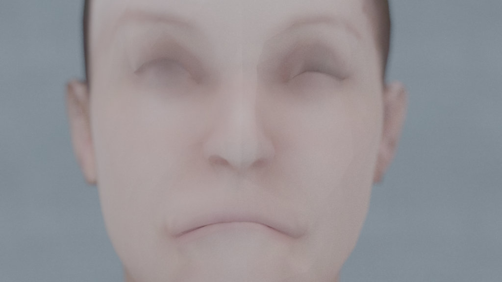 Computer-animiertes Gesicht, verzogene, unnatürlich wirkende Mimik.