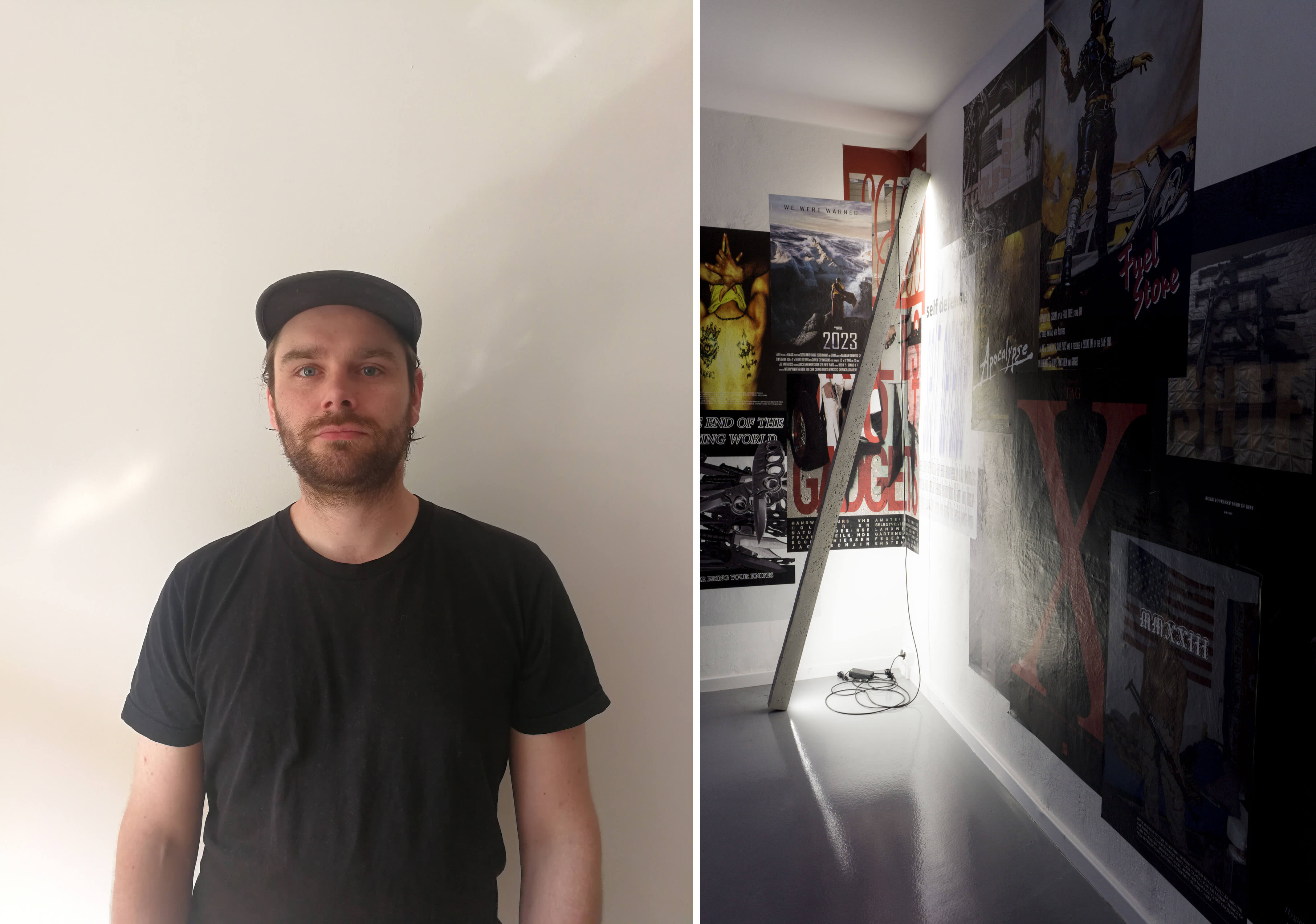 Links der Künstler Alexander Poliček, rechts Installationsansicht Alexander Poliček, Poster an der Wand.