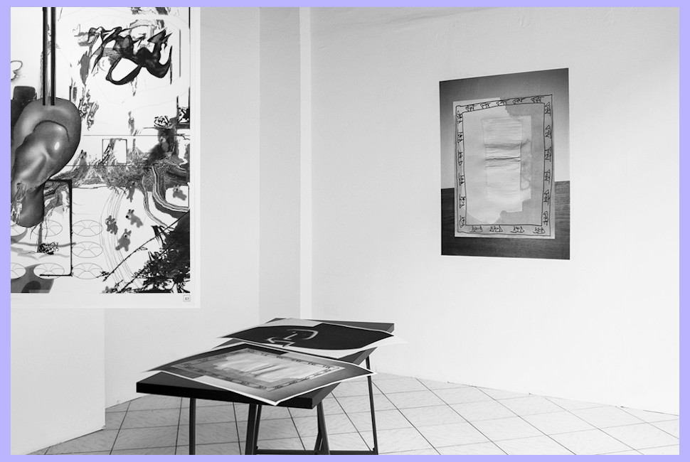 Ausgabe von "Exhibitions on Paper" und Ausstellungsansicht für "Exhibitions on Paper", alles in Schwarz-Weiß.