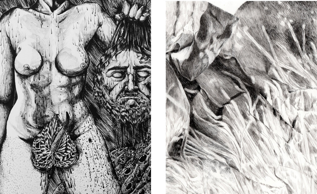 Zwei detaillierte Schwarz-Weiß-Zeichnungen aus der Ausstellung "Inside Draftswomen", Arbeiten von Rosabel Rosalind und Océane Moussé 