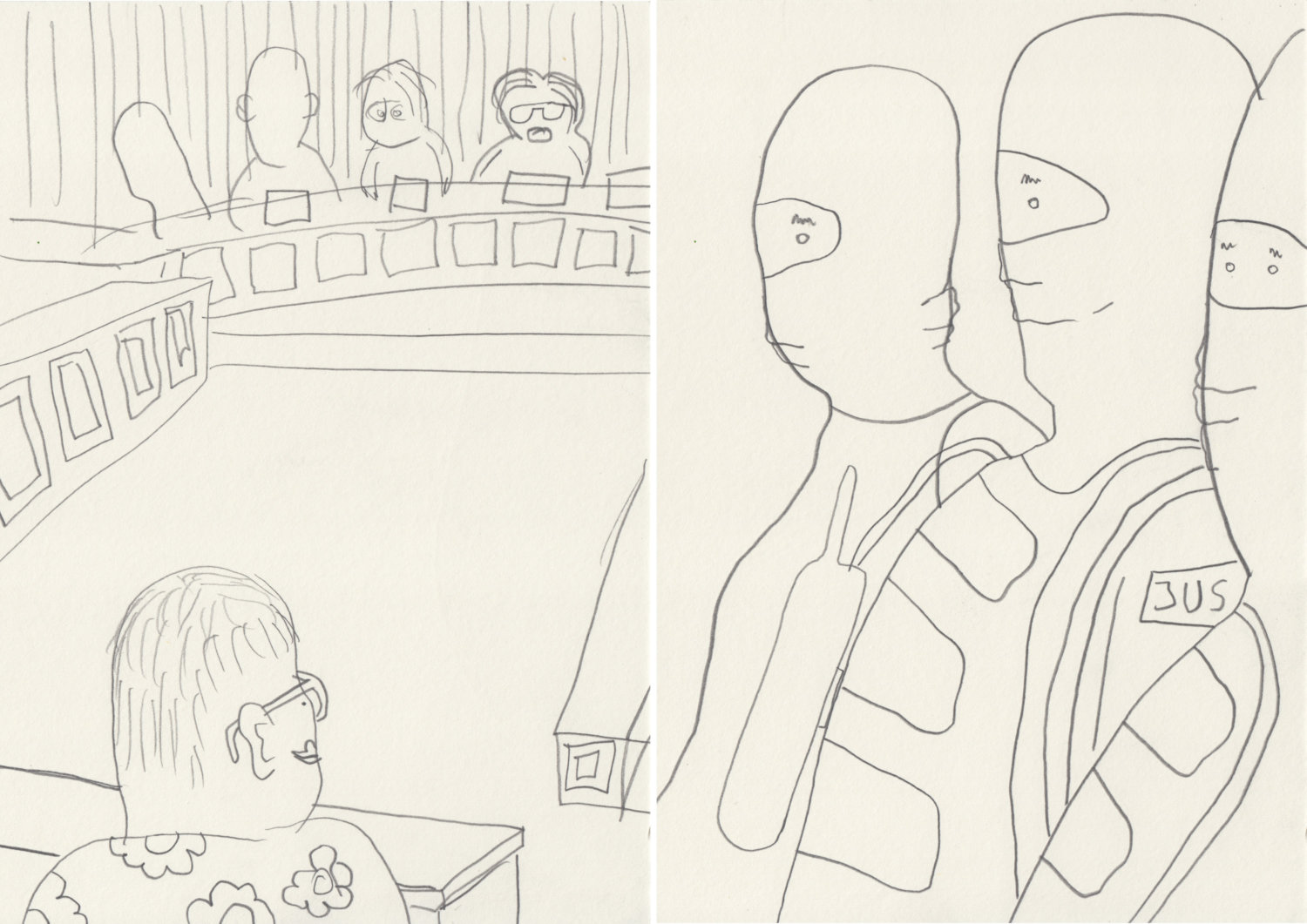 Zwei Zeichnungen aus der Serie "Halle Prozess" von Sebastian Jung.