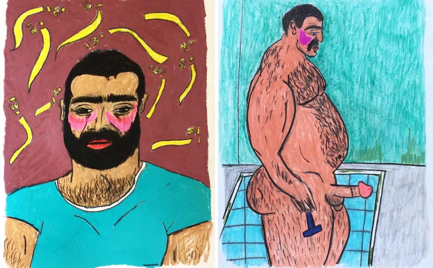 Buntstiftzeichnungen von Soufiane Ababri. Ein Mann im Porträt, ein nackter Mann mit erigiertem Penis.