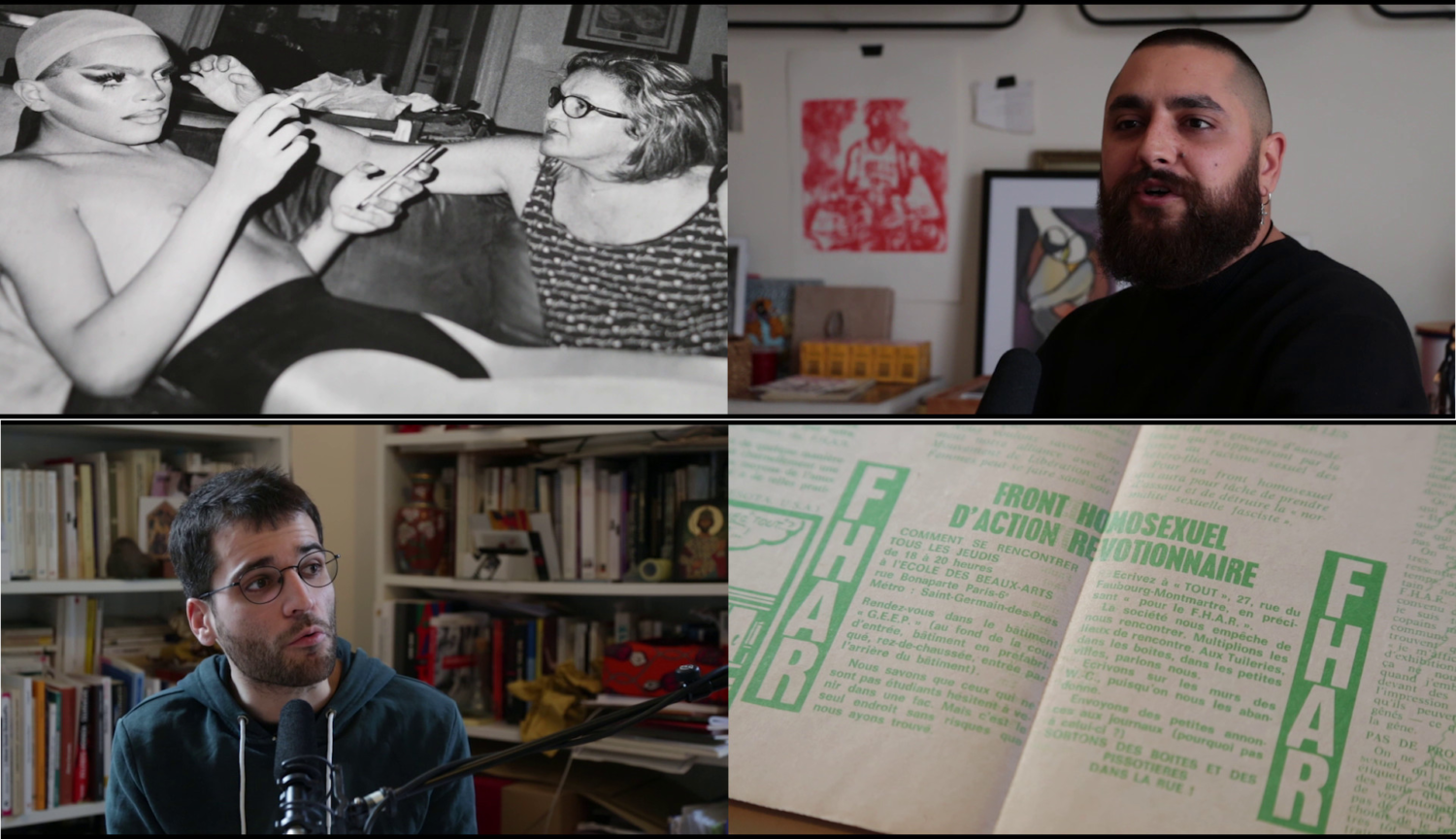 Verschiedene Stills aus einer Videoarbeit von Julian Volz. Ein historisches Foto, zwei Porträtfotos in Interviewsituationen, ein Blick in ein Buch.