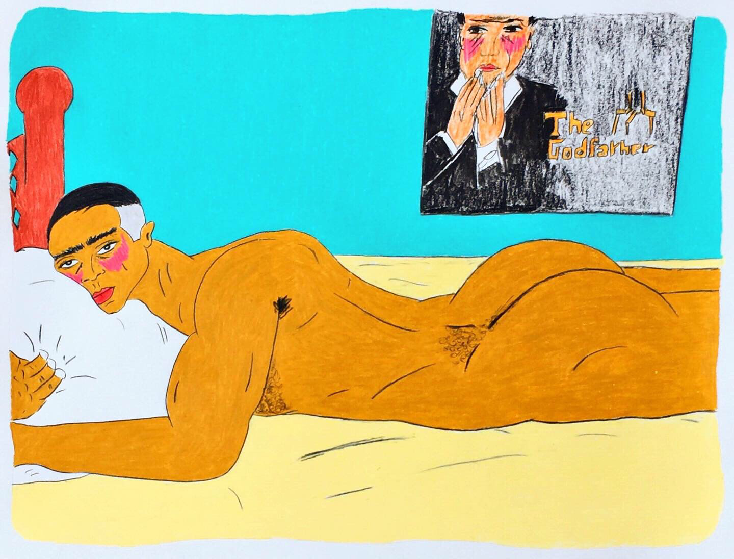 Buntstiftzeichnung von Soufiane Ababri. Ein Mann liegt nackt auf einem Bett. 