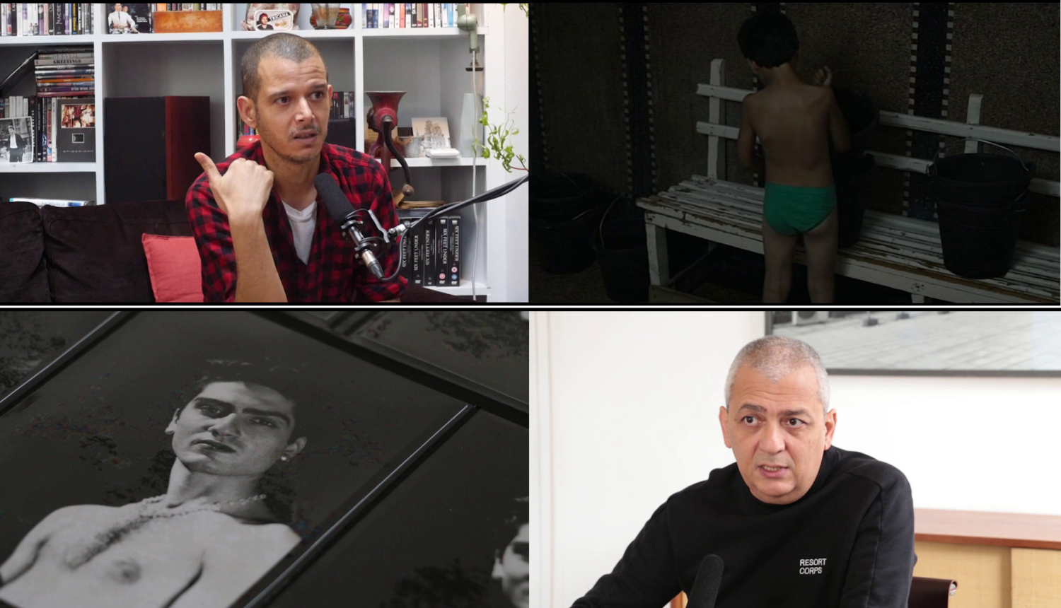 Mehrere Stills aus einer Videoarbeit von Julian Volz. Zwei Porträts in Interviewsituationen, ein altes Foto, ein Foto.