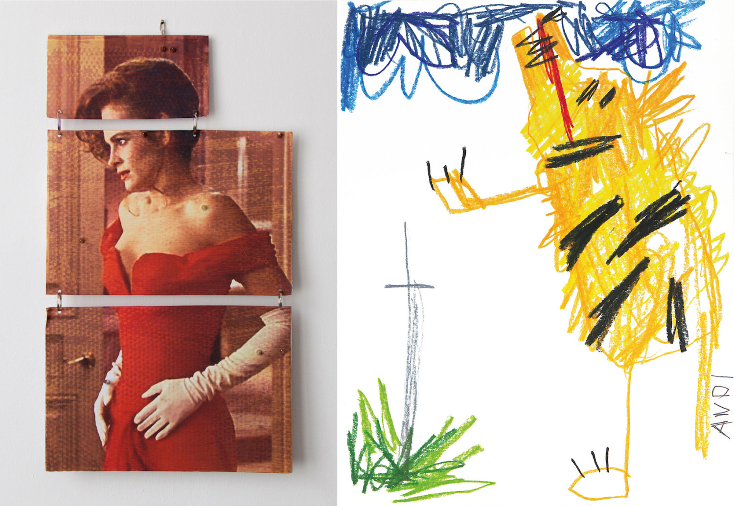 Links: Julia Roberts Collage von Kate Mackeson, rechts: ein krakelig gezeichneter Tiger von Andi Fischer.