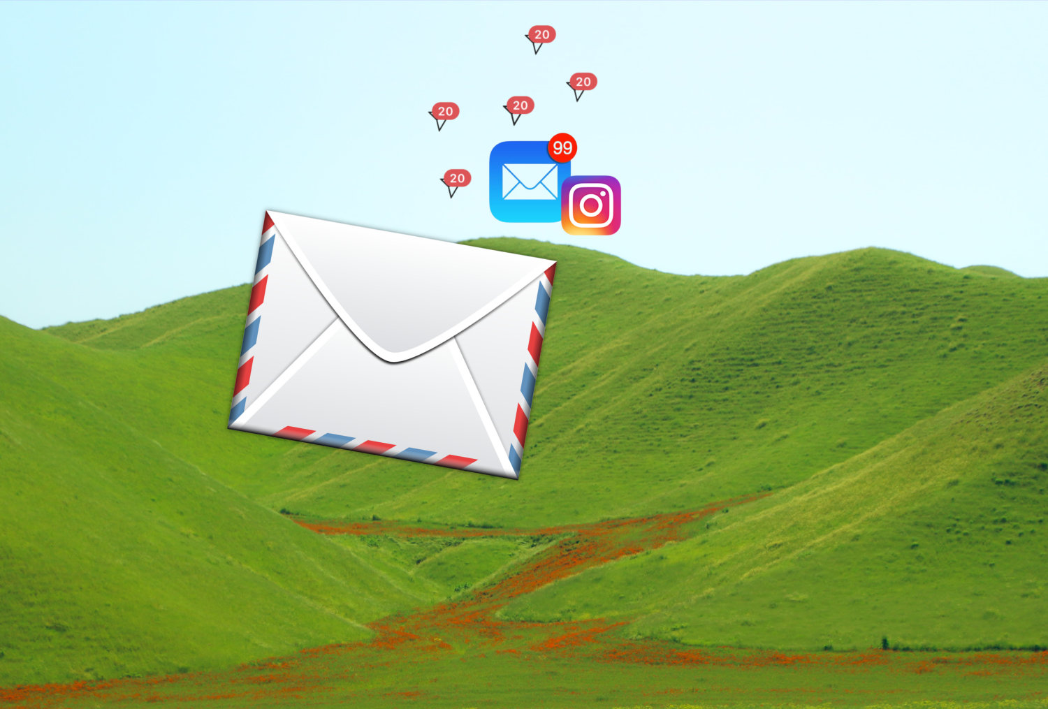 Ein Briefumschlag, das E-Mail-Icon, das Instagram-Icons und viele "Ungelesene Nachricht"-Erinnerungen fliegen über einen grünen Hügel.