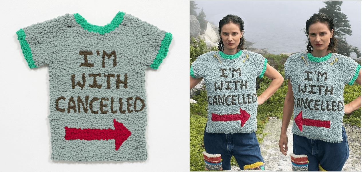 Links eine Arbeit von Hannah Epstein, ein T-Shirt auf dem steht "I'm with cancelled". Rechts ist die Künstlerin selbst in zweifacher Ausführung in dem Shirt zu sehen.