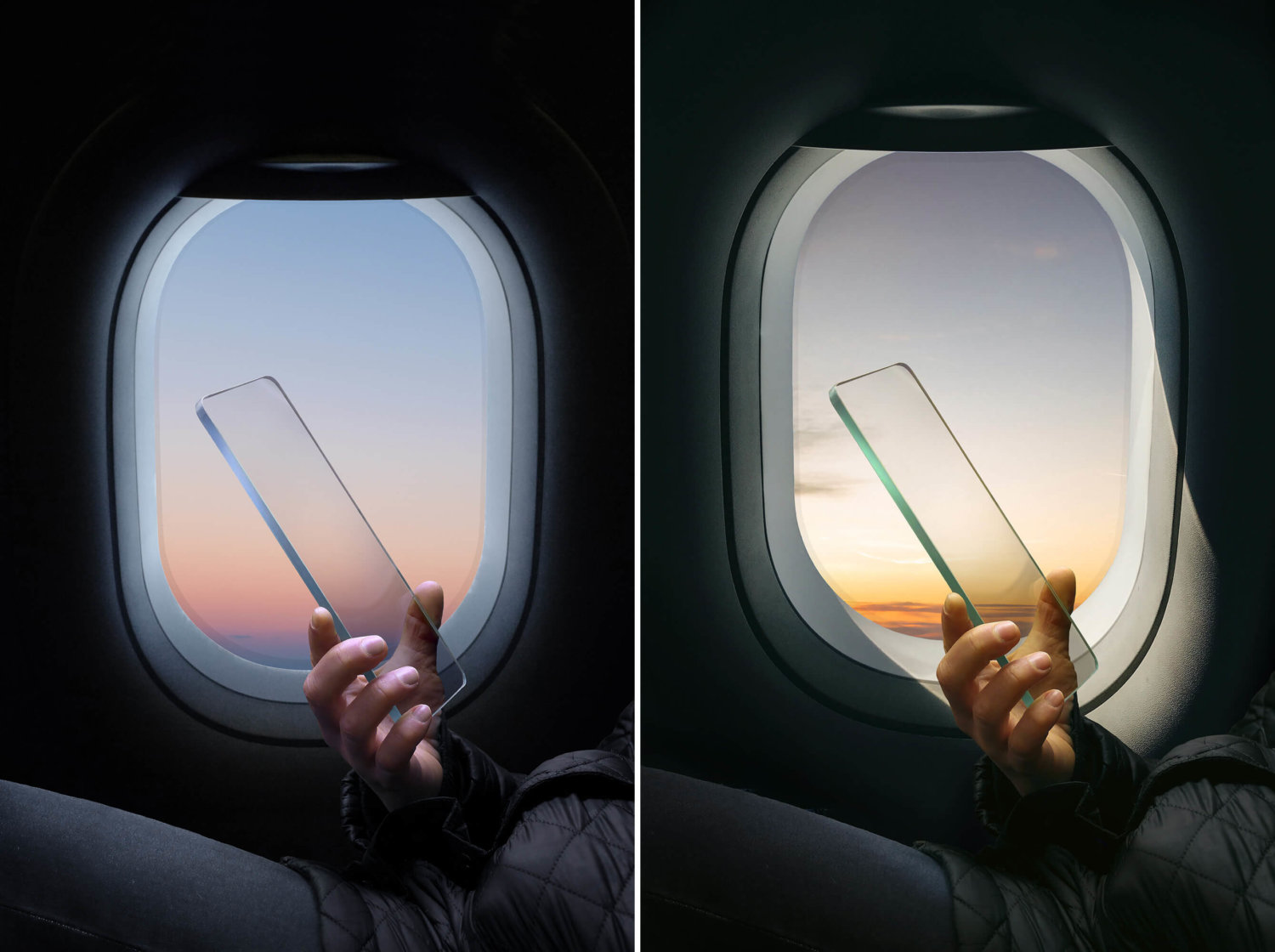 Links und rechts ein nahezu identisches Bild: Eine Hand hält eine Glasscheibe in Smartphone-Form vor einem Flugzeugfenster. Die Lichtverhältnisse sind unterschiedlich.