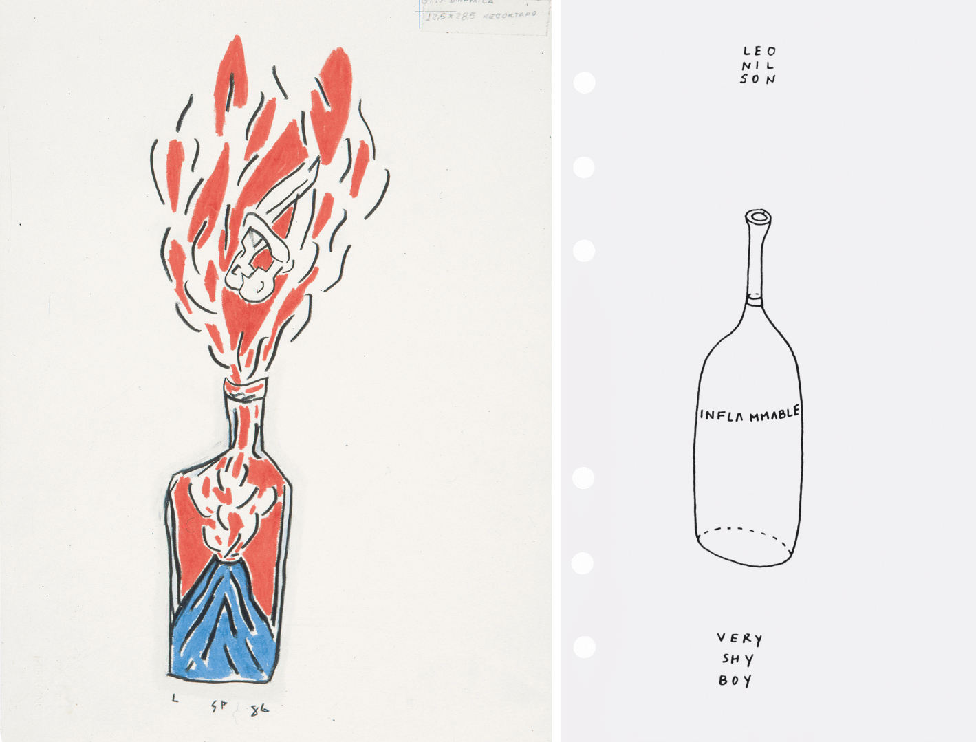 Links: Filzstift-Zeichnung von Leonilson, zu sehen ist eine Flasche, in der gerade ein Vulkan ausbricht, aus der Flasche tritt eine große Flamme heraus, in der Flamme sieht man ein eng umschlungenes Paar, die sich kopfüber in Richtung Flaschenhals bewegen, rechts: Filzstift-Zeichnung von Leonilson, zu sehen ist eine leere Flasche, aus der Inflammable steht, darüber steht Leonilson, darunter die Worte very shy boy