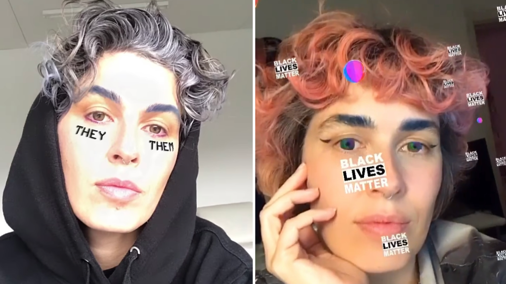 Cibelle Cavalli Bastos (@aevatarperform) Face-Filter "TheyThem" und "Queer&Antiracist"