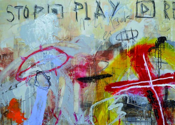 Tobimann: "Play rewind", Acryl und Ölkreide auf Leinwand, 2015, 1 x 1,40 m, Galerie 7 Türen