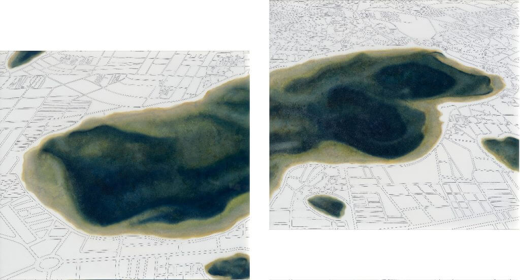 Divided Lake (Aleppo Map), 80-90 x2  (oil and graphite on polyester 2016) © Joos Colpaert.