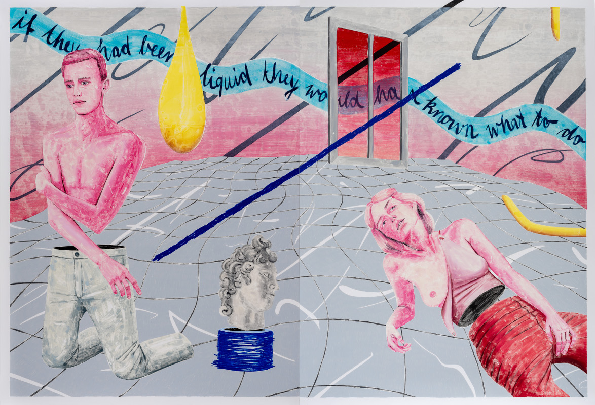 Marion Fink | If they had been liquid, they would have known what to do: They would just have merged. | Monotypie und Wachspastell auf Papier | 210 x 304,8 cm (2-teilig) | 2019
