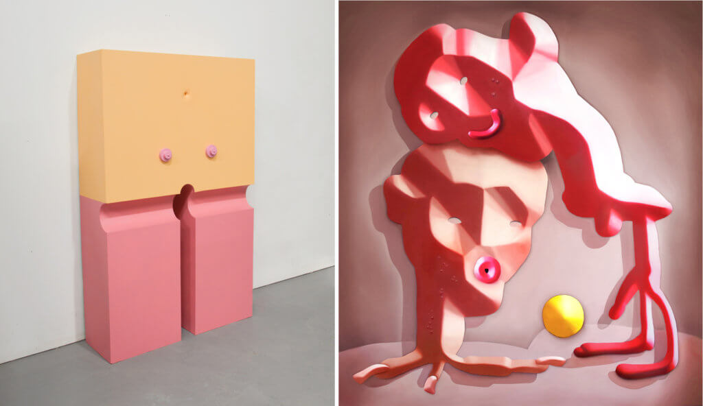 Links: die Skulptur "Handstand (English Rose)" von Liam Fallon. Rechts: Die Malerei "The Pretend Double-Check" von Cathrin Hoffmann.
