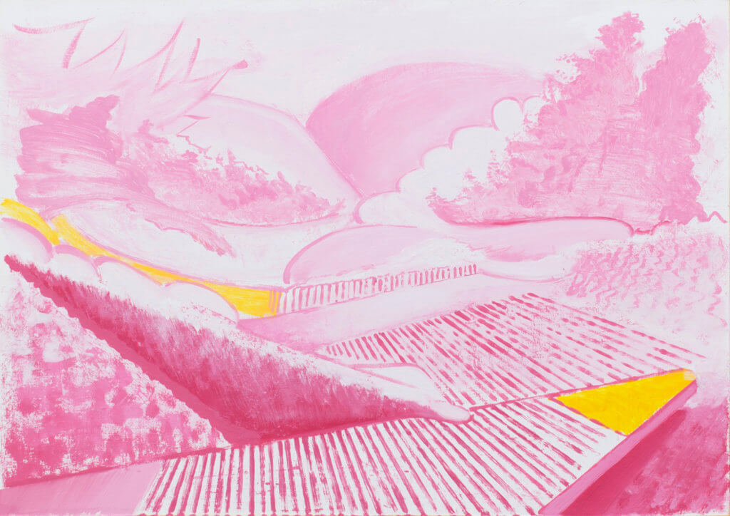 Papierarbeit von Jens Hanke, grafische Landschaft aus pinken Linien auf hellem Grund.