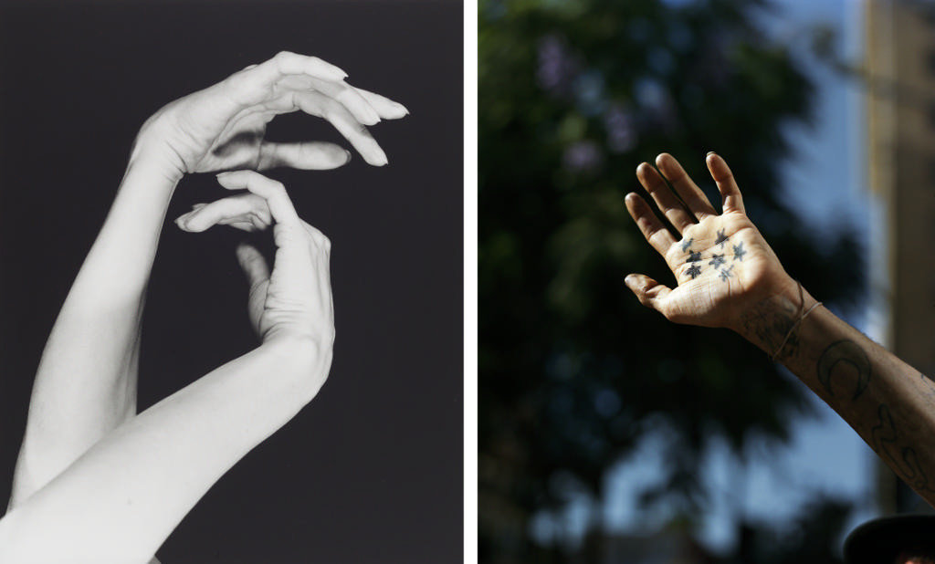 Das Bild zeigt zwei fotografische Aufnahmen von Händen. Das linke Bild ist schwarz-weiß und zeigt zwei annähernd verschlungene weibliche Hände und Ellen. Das rechte Bild zeigt eine mit der Handfläche zum Bild Gestreckte Hand; erstere ist mit Sternen tätowiert. Im Hintergrund ist verschwommen ein Baum vor blauem Himmel zu sehen.