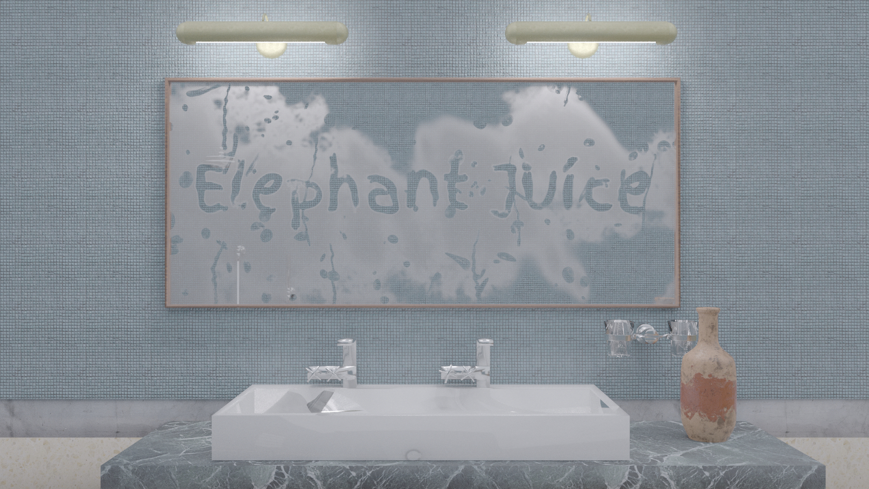 Animiertes Waschbecken mit Spiegel dahin. Auf dem ist "Elephant Juice" zu lesen.