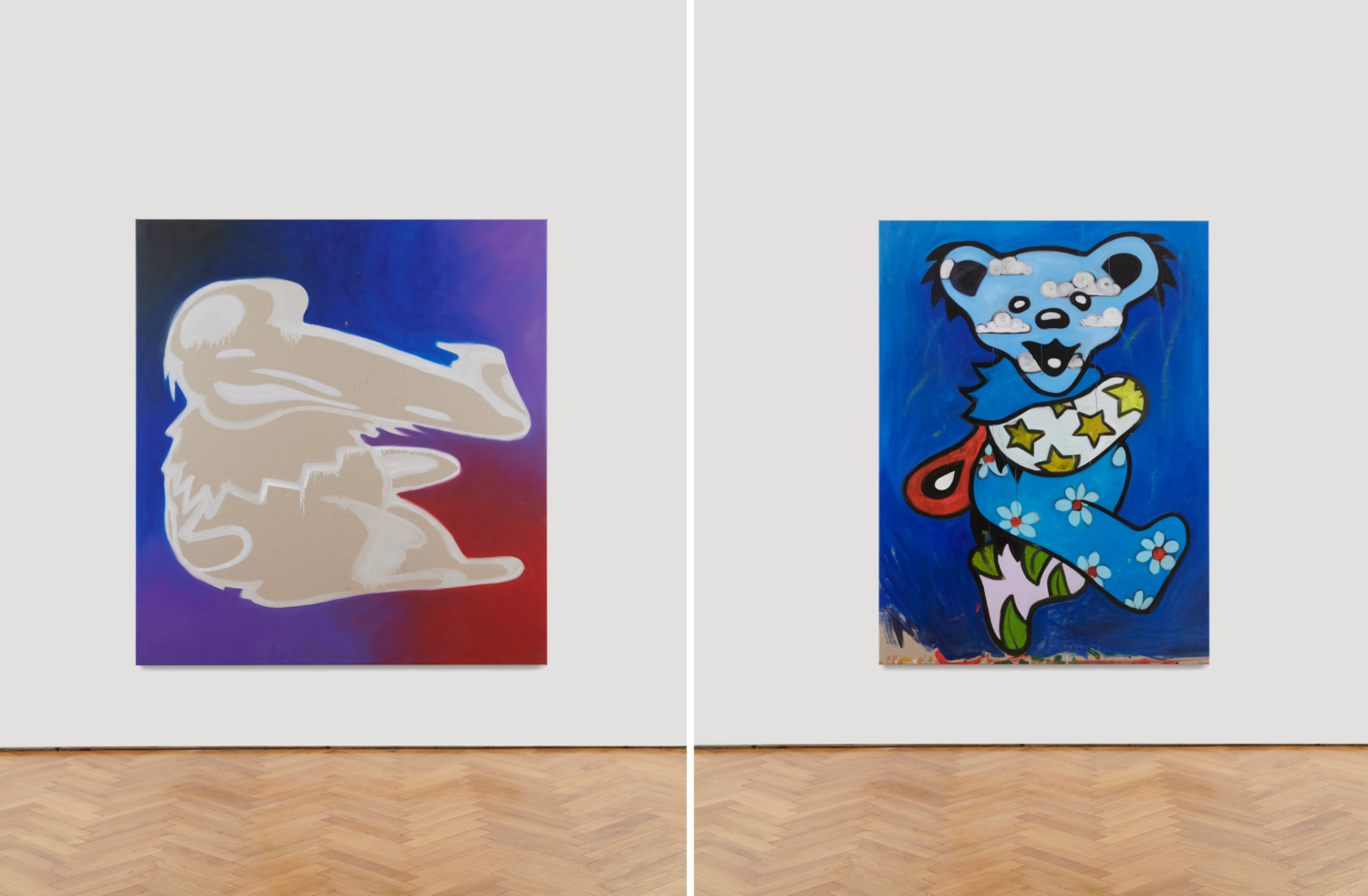 Zwei Gemälde der "Grateful Dead" Bären in beige und blau gehalten.