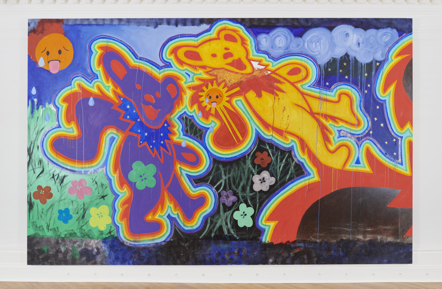 Ein Gemälde, das einen lila farbebene und einen orangenen Bären zeigt.