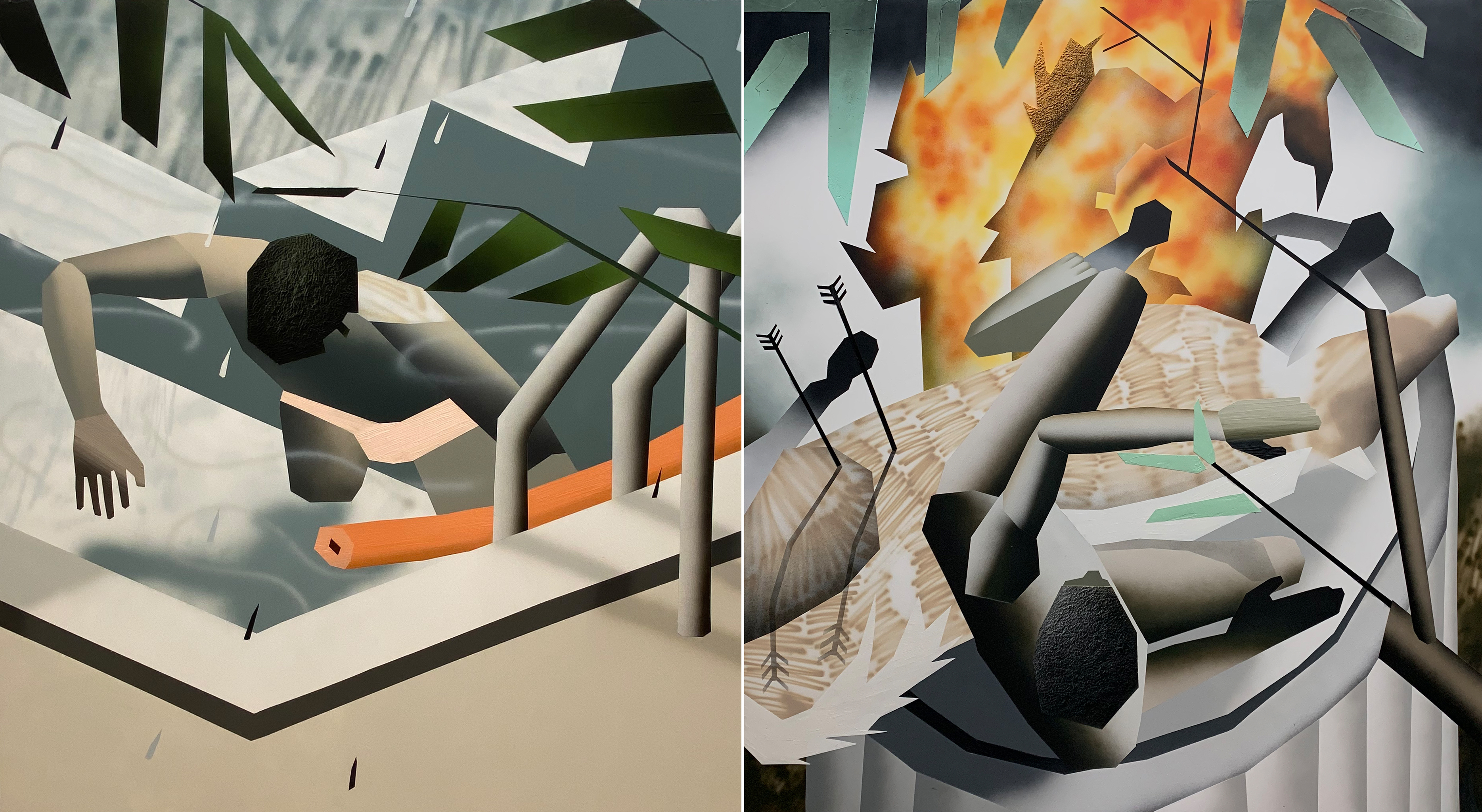 Zwei Gemälde von Brandon Lipchick. Links treibt ein Körper im Pool, rechts wird er von Pfeilen durchbohrt und Flammen lodern.