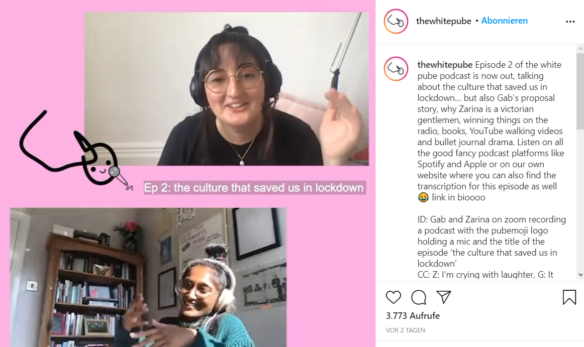 Instagram Screenshot von The White Pube zu ihrem Podcast. Zu sehen sind zwei Frauen, die videochatten und miteinander sprechen. 