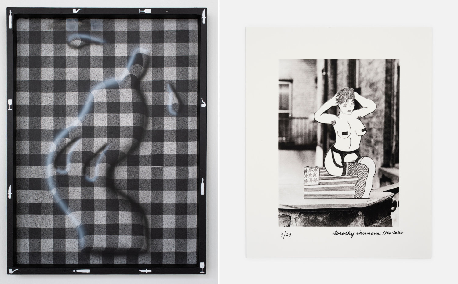 Links: Eine Art tanzende Plastikflasche auf Karo-Hintergrund von Charline Typerghein, rechts: eine Pin-Up-Girl-Collage von Dorothy Iannone.